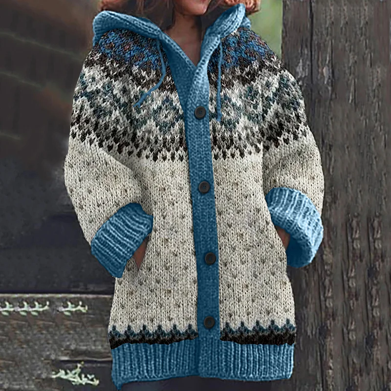 Retro Geometry Contrast Jacquard Button Cozy Sweater