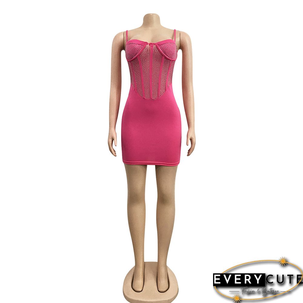 Rosy Solid Mesh Rhinestone Bodycon Dress