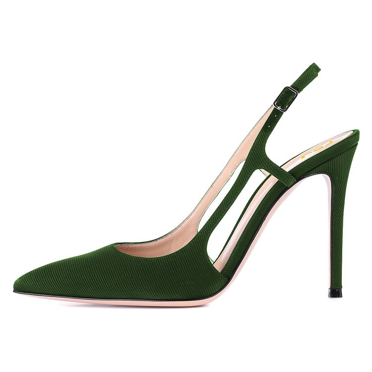Women's Green Slingback Heels Stripes Buckle Pumps |FSJ Shoes