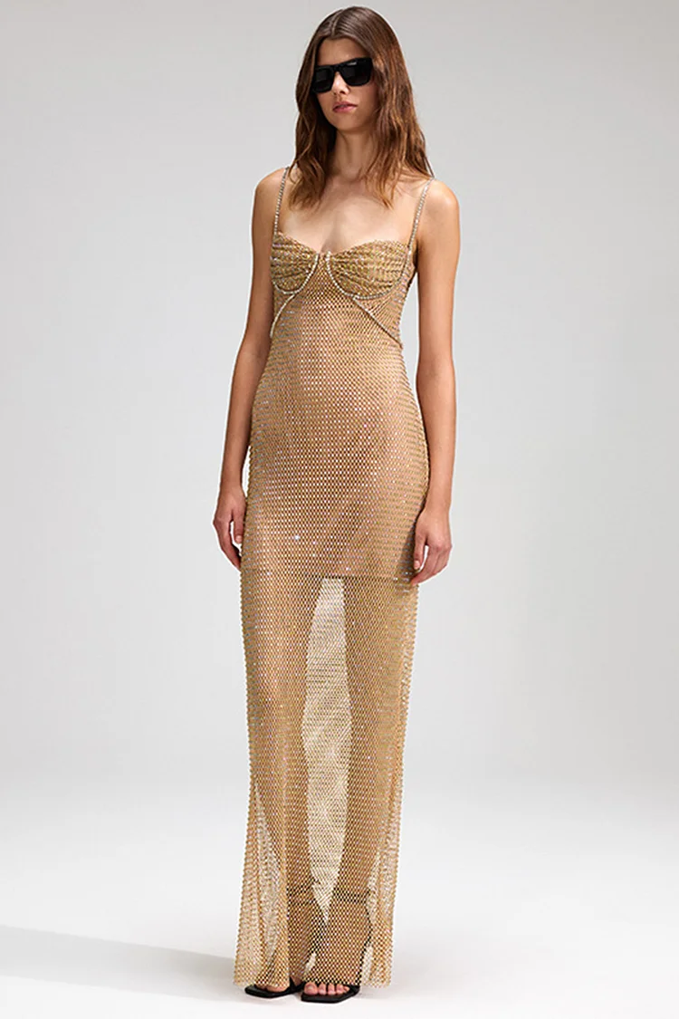 Fishnet Shiny Rhinestone Cami Maxi Dress-Gold