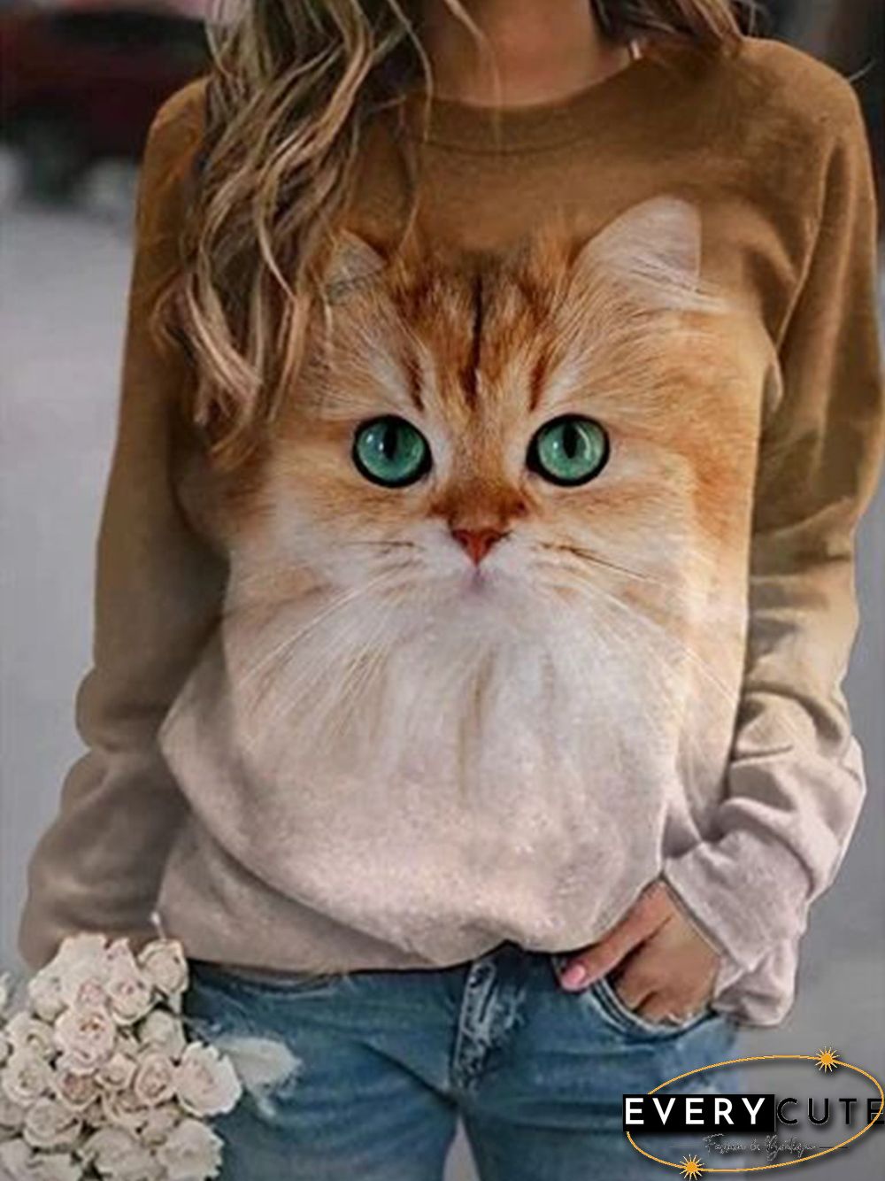 Brown Cat Printed Casual Long Sleeve Shift Tops
