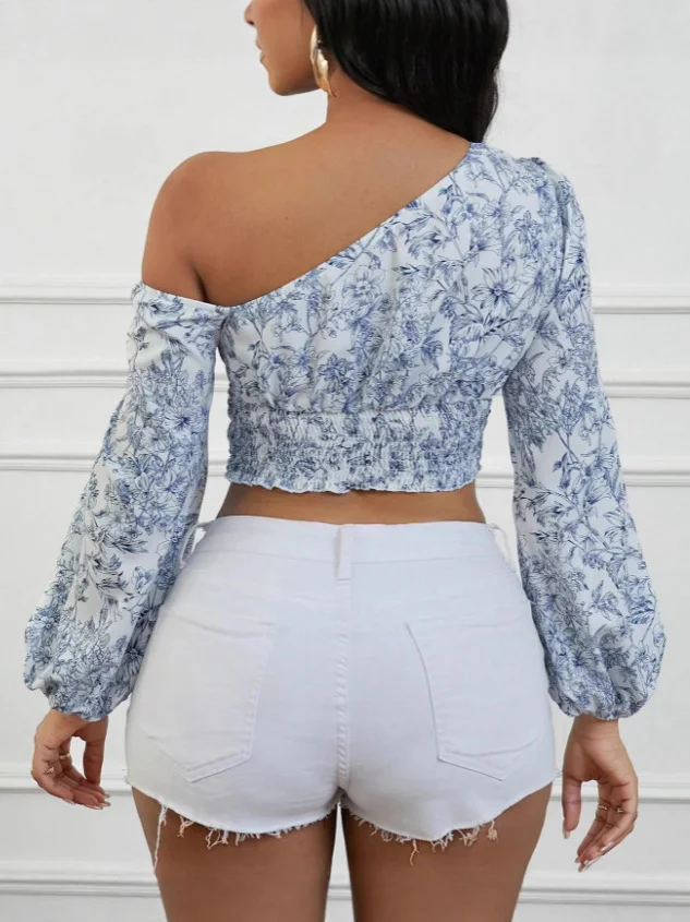 Nigikala Nigikala Women's Short Blue Broken Flowers With Asymmetric Shoulder Bubble Sleeve Shirt Autumn Women's Clothing