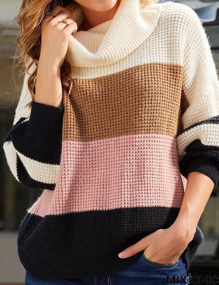 Casual Color Matching High Neck Long Sleeves Loose Sweater