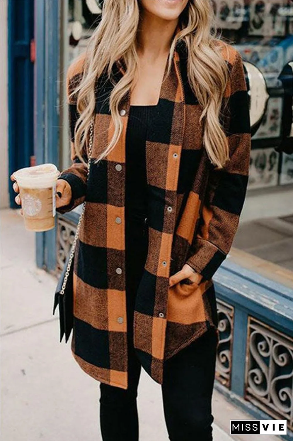 Casual Mid Length Plaid Print Coat