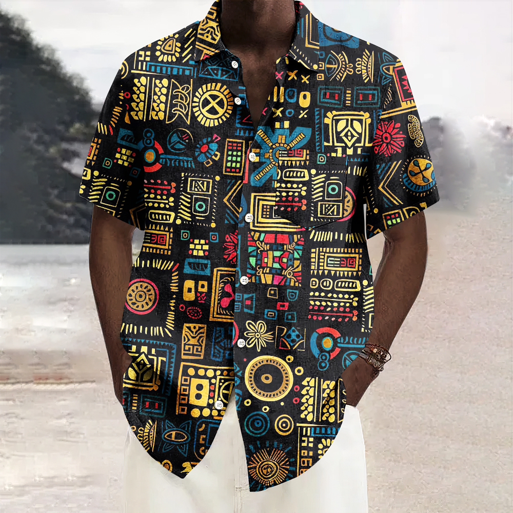 Men's Vintage African Traditional Art Print Linen Blend Shirt