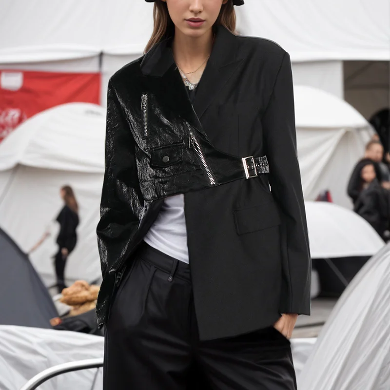 Woherb Woherb 2024 New Street Hipster Motorcycle Sense Irregular Suit Jacket Women's Waist Show Thin Suit Jacket-Outfit Ideas