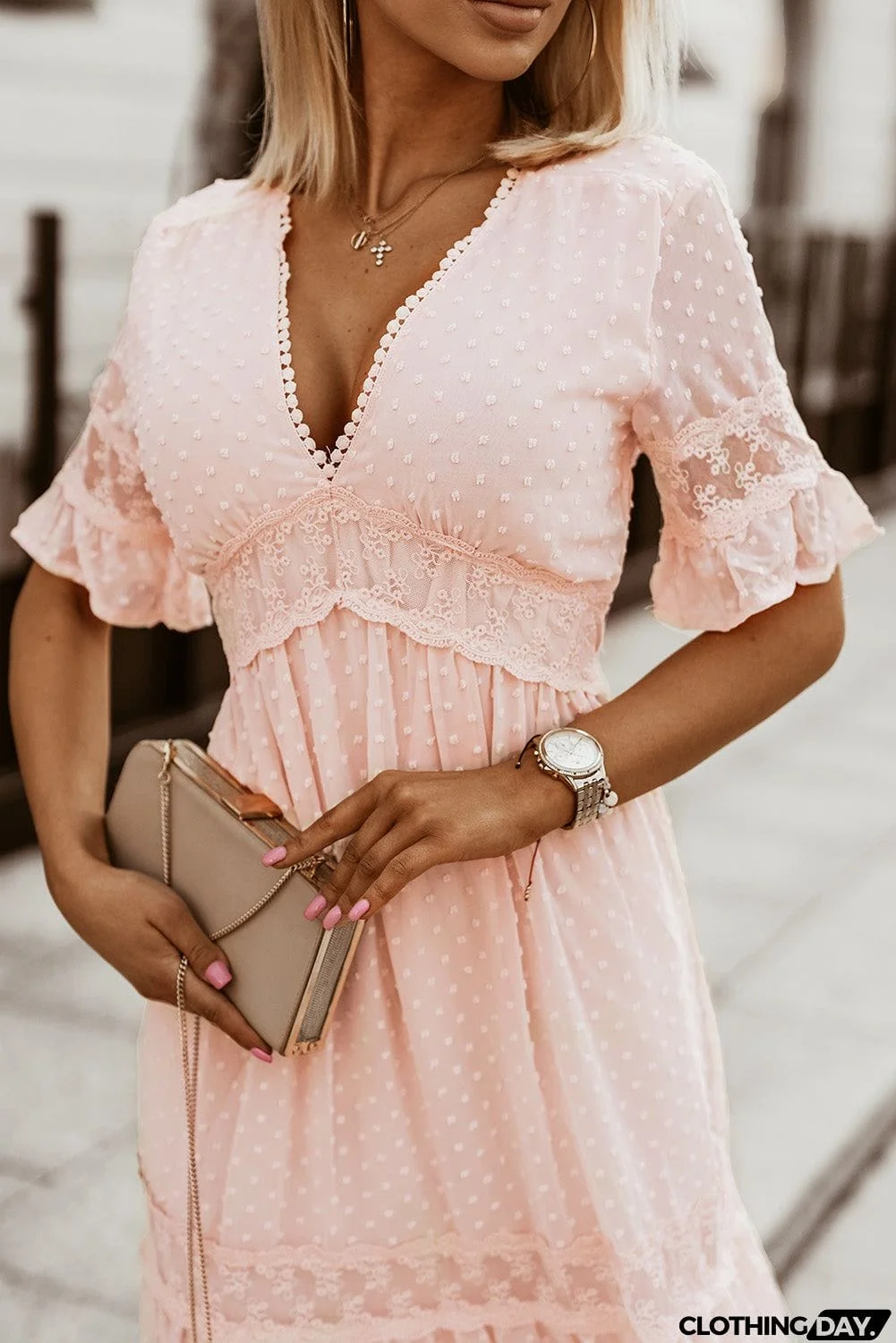 Pink Short Sleeve Boho Maxi Dress