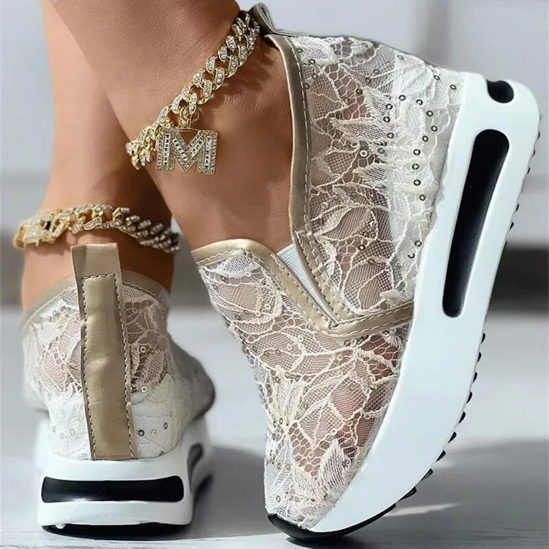 Women's Sneakers Floral Embroidery Mesh Sneakers for Women Slip on Casual Comfy Heeled Shoes Woman