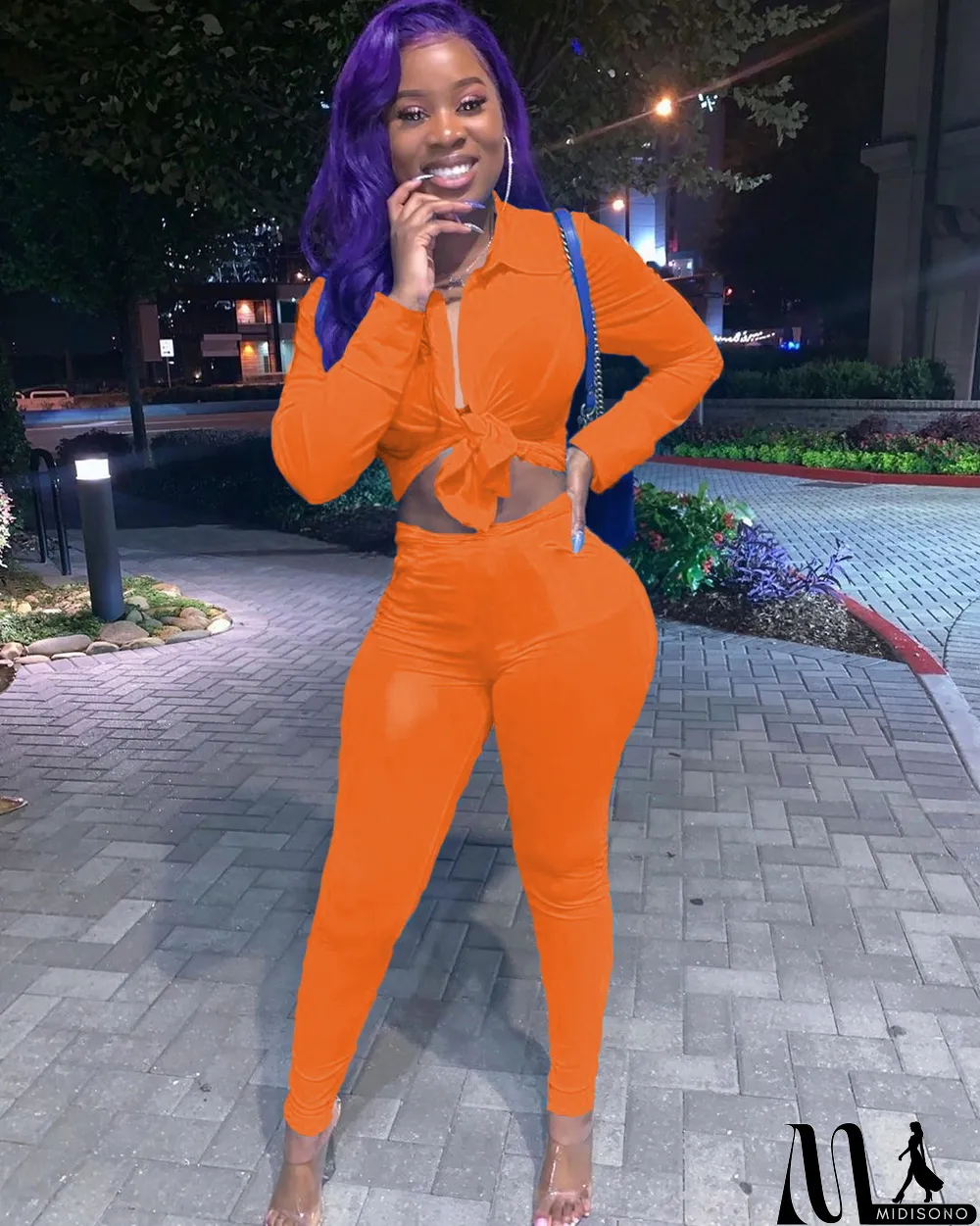 MidiSono - Solid Long Sleeve Tie Up Two Piece Pants Set