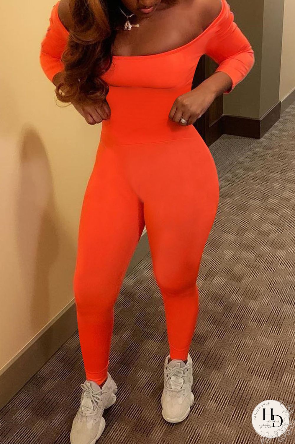 Tangerine Sexy Solid Split Joint Off the Shoulder Skinny Jumpsuits