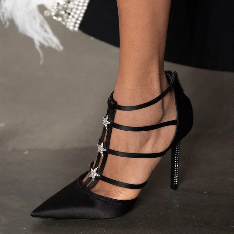 Black Satin Rhinestone Stiletto Heels Pointed Toe Pumps |FSJ Shoes