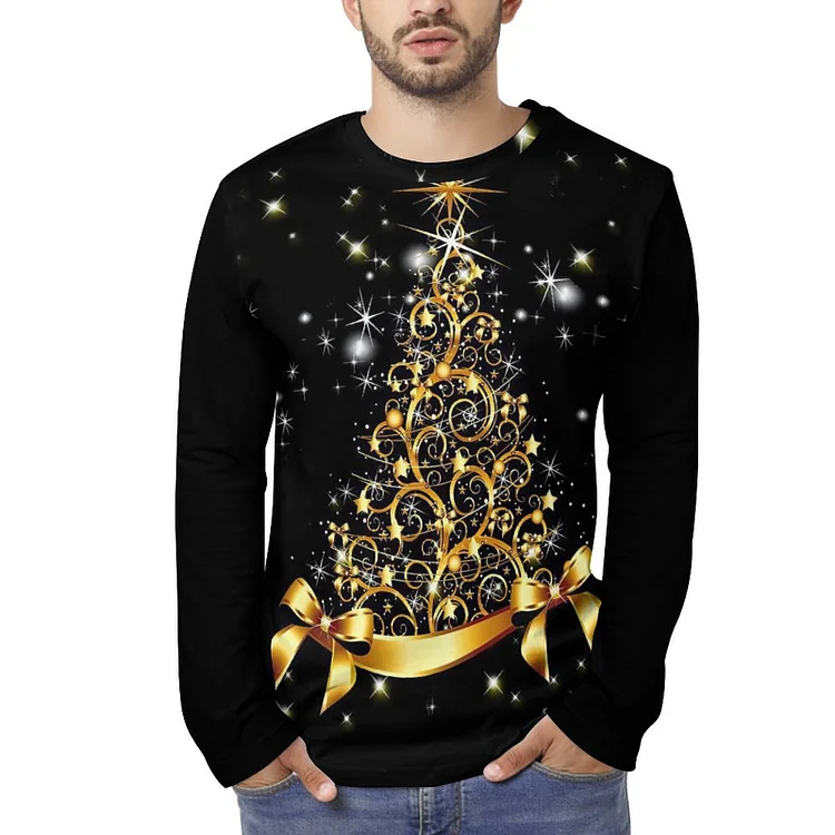 Full Print Long Sleeve T Shirt Golden Christmas Tree