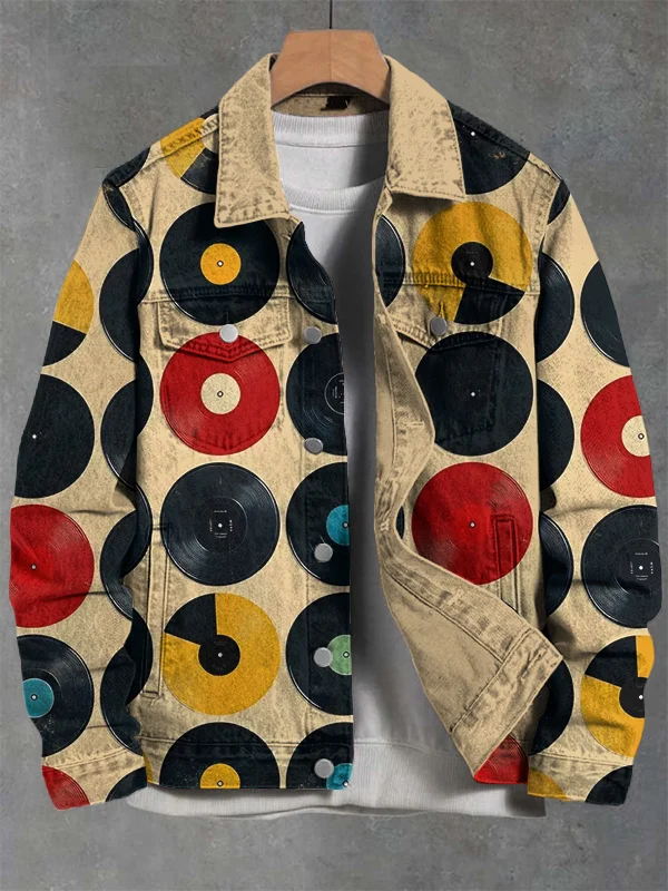 Men's Music Lovers Vintage Vinyl Print Denim-Like Long Sleeve Shirt
