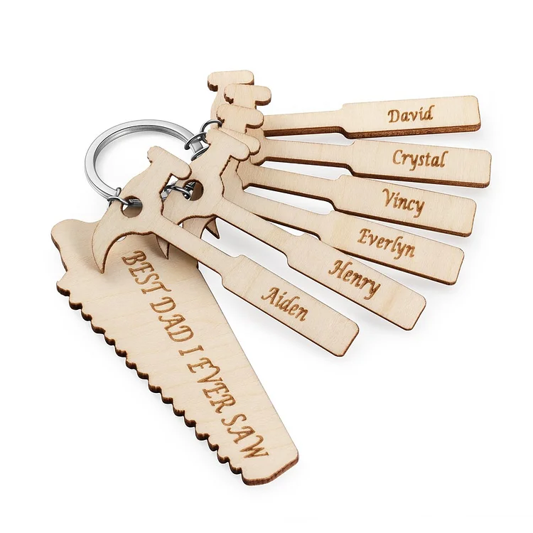 Personalized Wooden Keychain Engraved With Saw Shaped Text And 6 Hammer Names Keychain