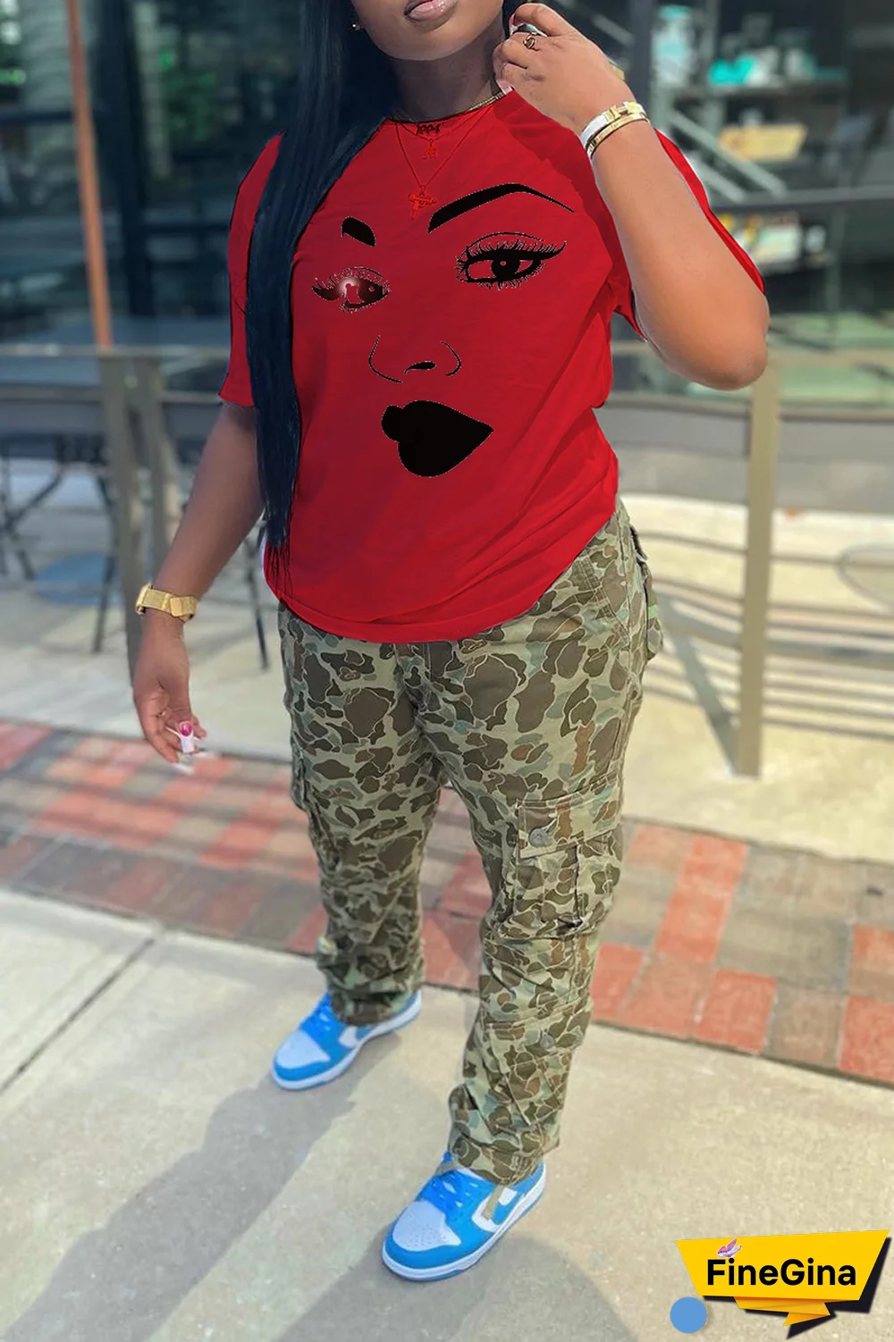 Navy Blue Casual Street Print Patchwork O Neck T-Shirts