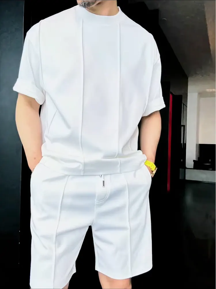 Men's Casual Solid Mock Neck Stitched Short Sleeve Top & Drawstring Shorts Two-Piece Set