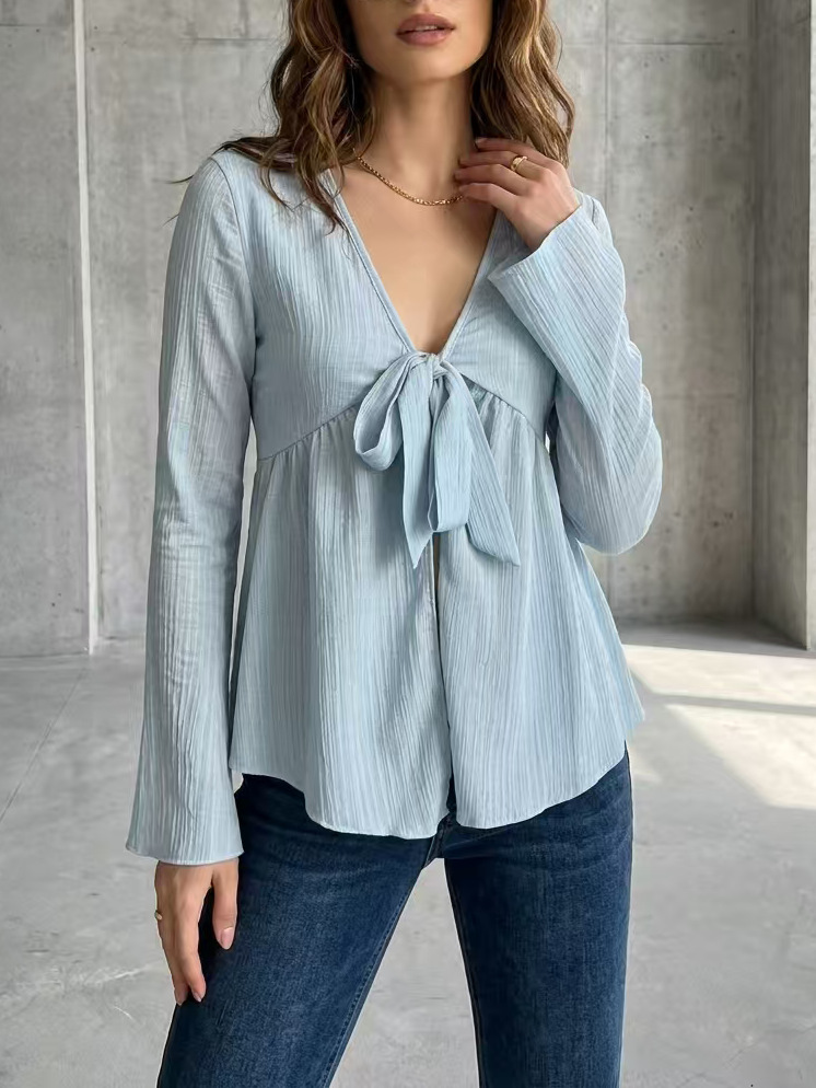 Women's V Neck Tie Front Peplum Blouse