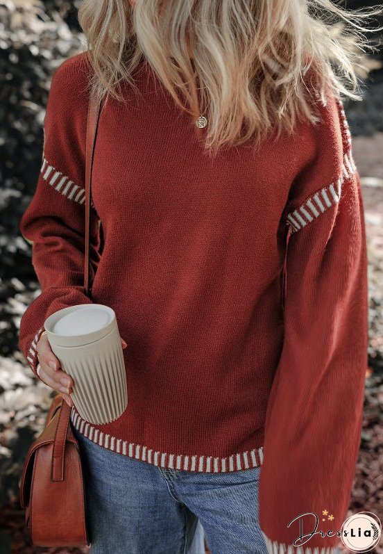 Striped Detail Round Neck Dropped Shoulder Sweater