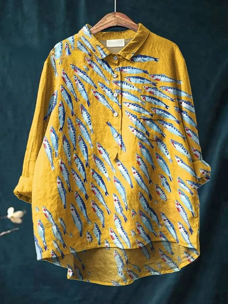 Women's Fish  Art Print Casual Cotton And Linen Shirt