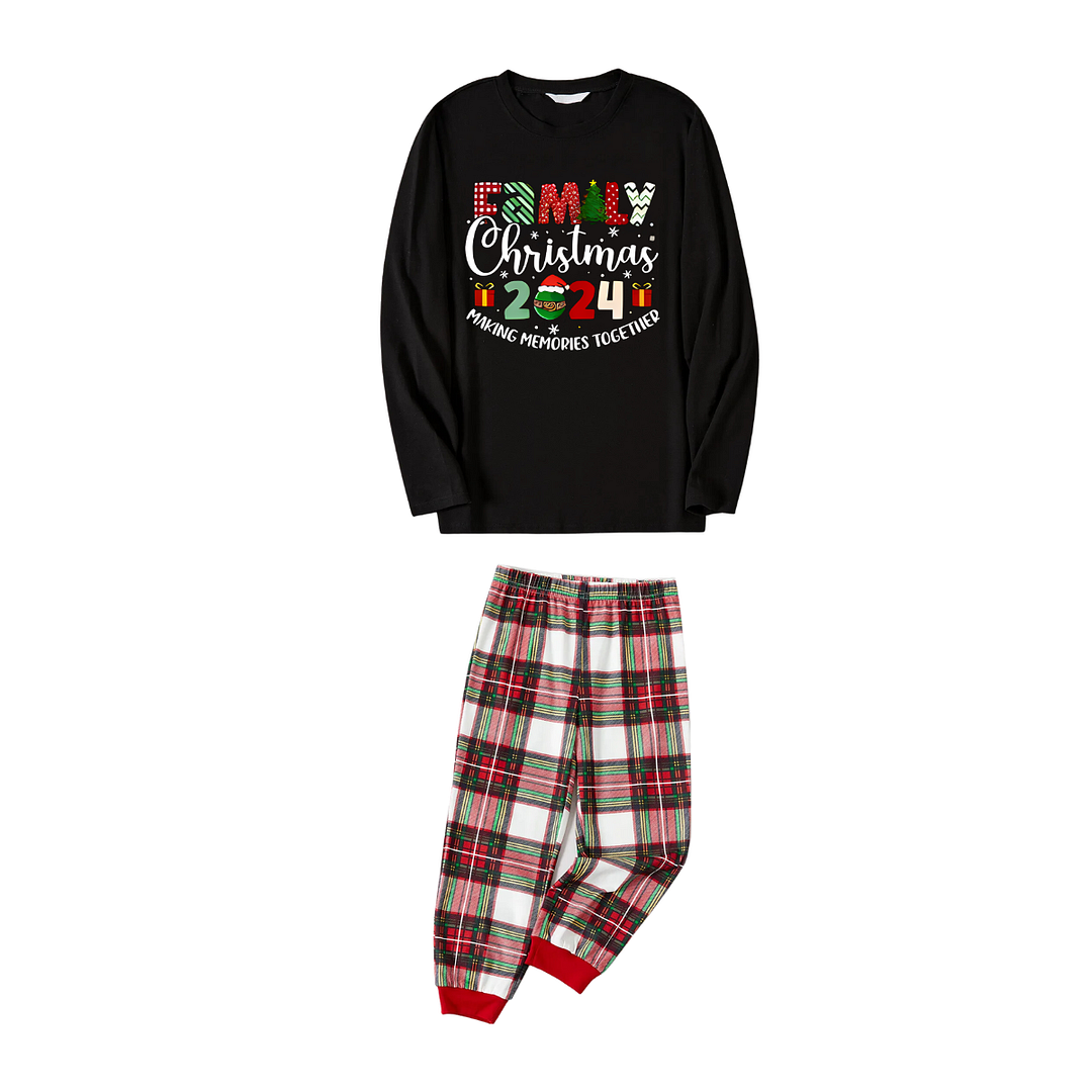 "Family Christmas 2024 Making Memories Together" Pattern Ⅰ- Black Top with Red & White & Green Plaid Pants Family Matching Pajamas