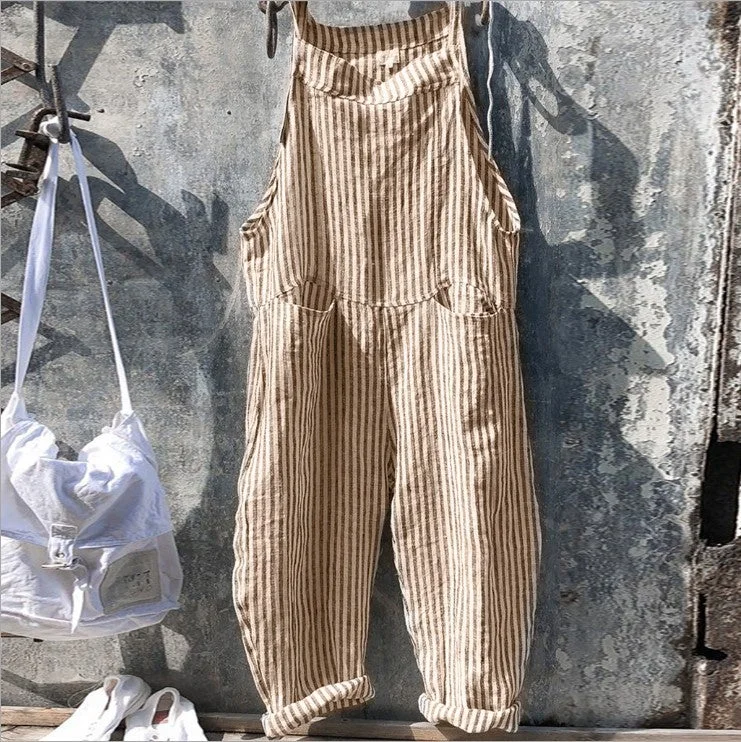 Strap Striped Jumpsuit Wide Leg Pants Linen