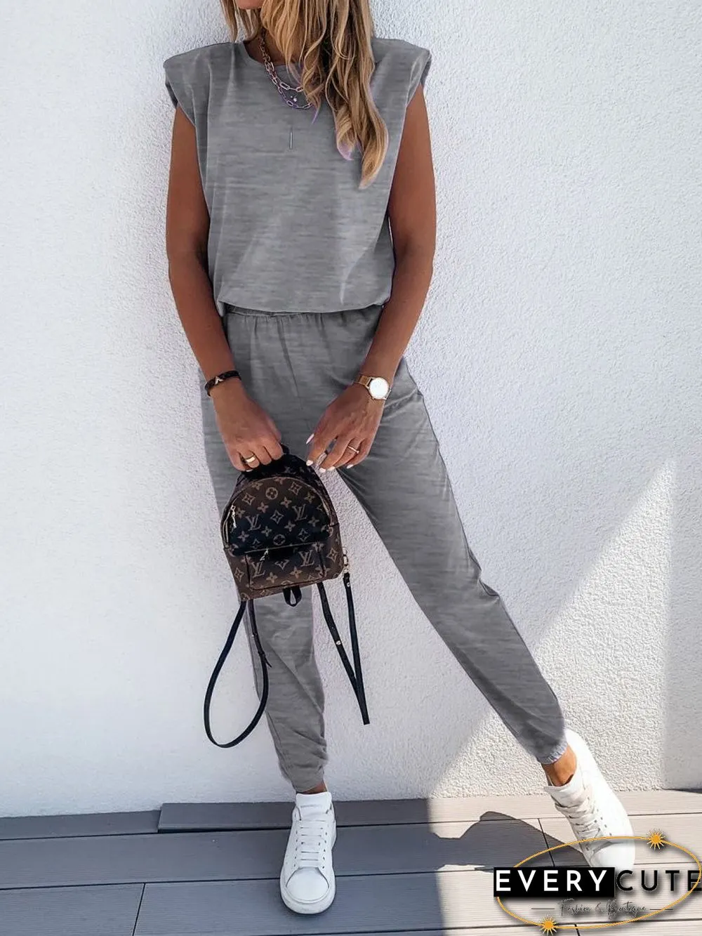 Women'S Sets Solid Sleeveless Padded Tank Top & Pants Two Piece Set
