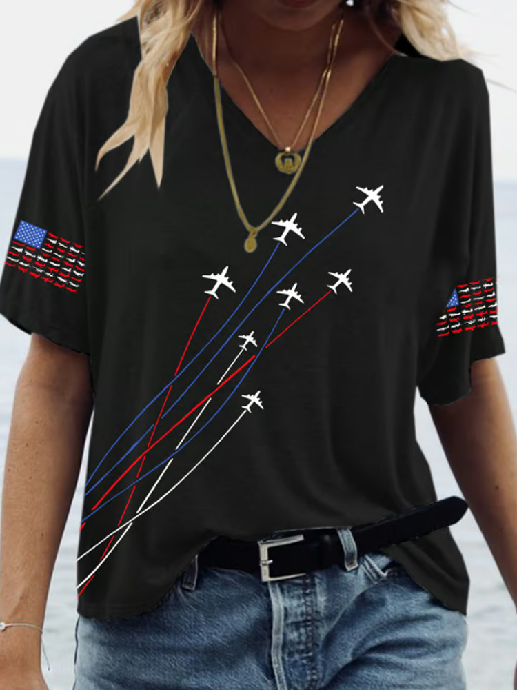 Women's Casual Independence Day Graphic Print V-neck Short Sleeve T-shirt wearshes