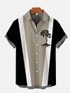 Vintage Striped Bowling Palm Tree Print Hawaiian Short Sleeve Shirt