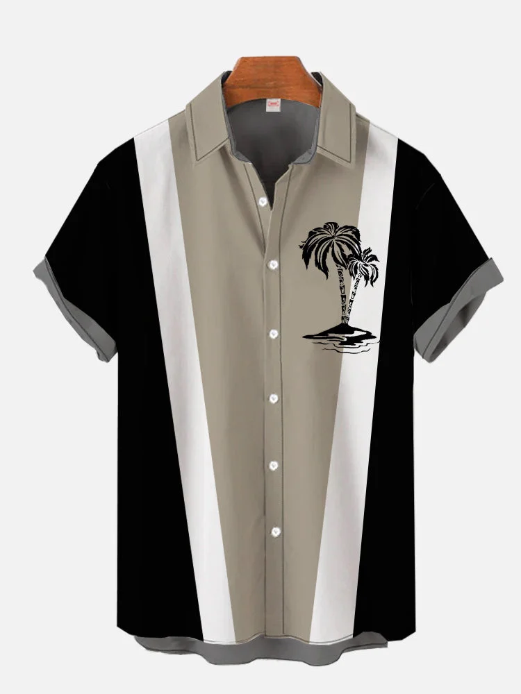 Vintage Striped Bowling Palm Tree Print Hawaiian Short Sleeve Shirt