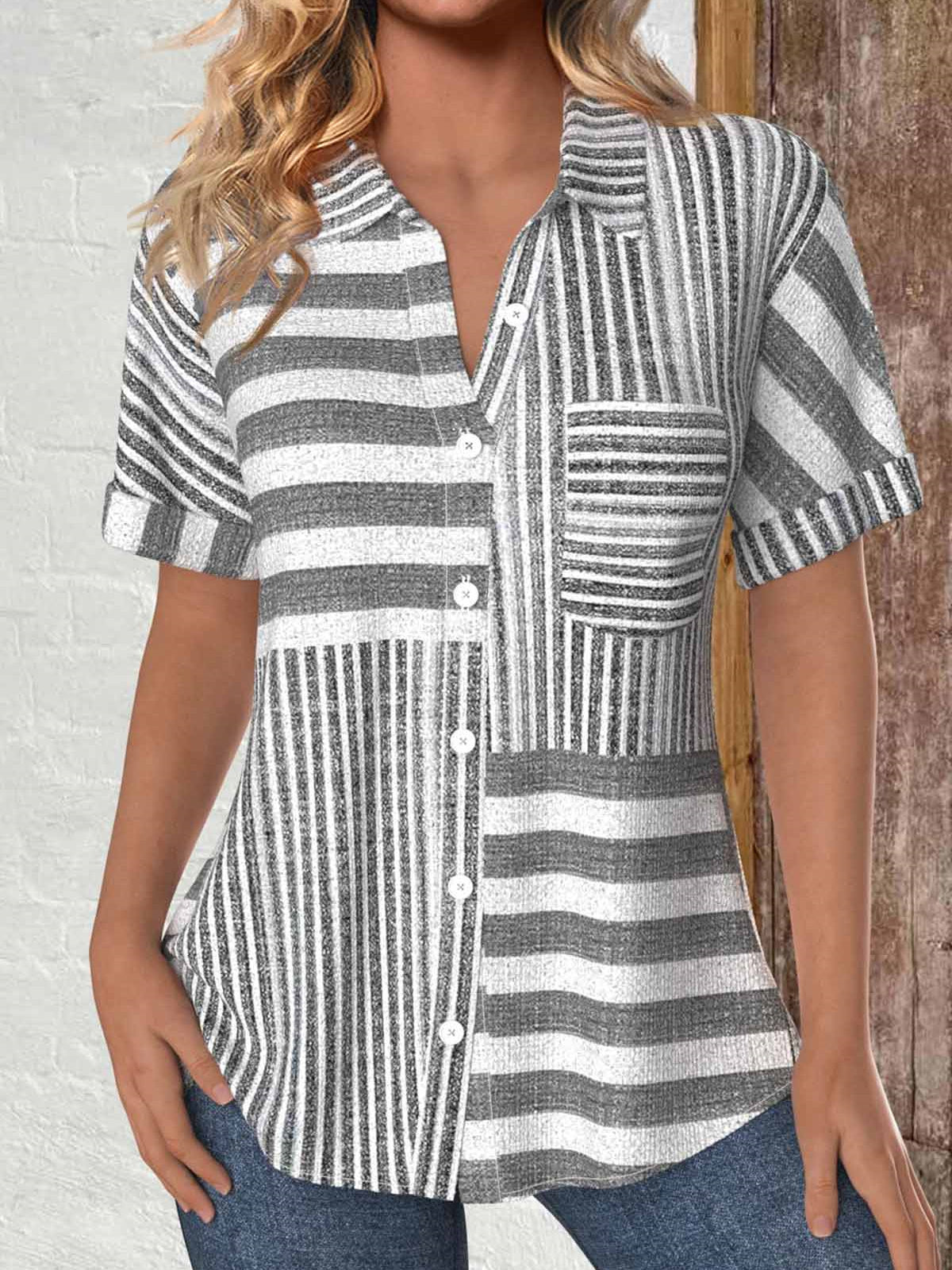 Women Short Sleeve V-neck Striped Printed Graphic Stitching Button Tops