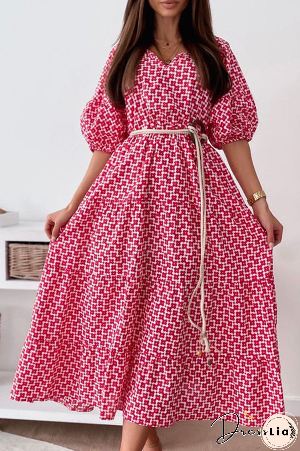 Fashion Street Print Split Joint V Neck A Line Dresses