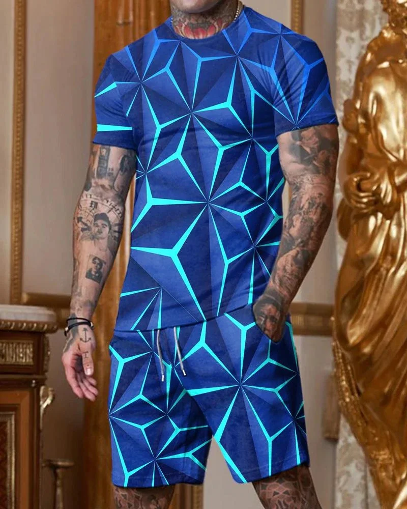 蓝色 Men's fashionable blue geometric print short-sleeved round collar suit.jpg 蓝色 Men's fashionable blue geometric print short-sleeved round collar suit.jpg