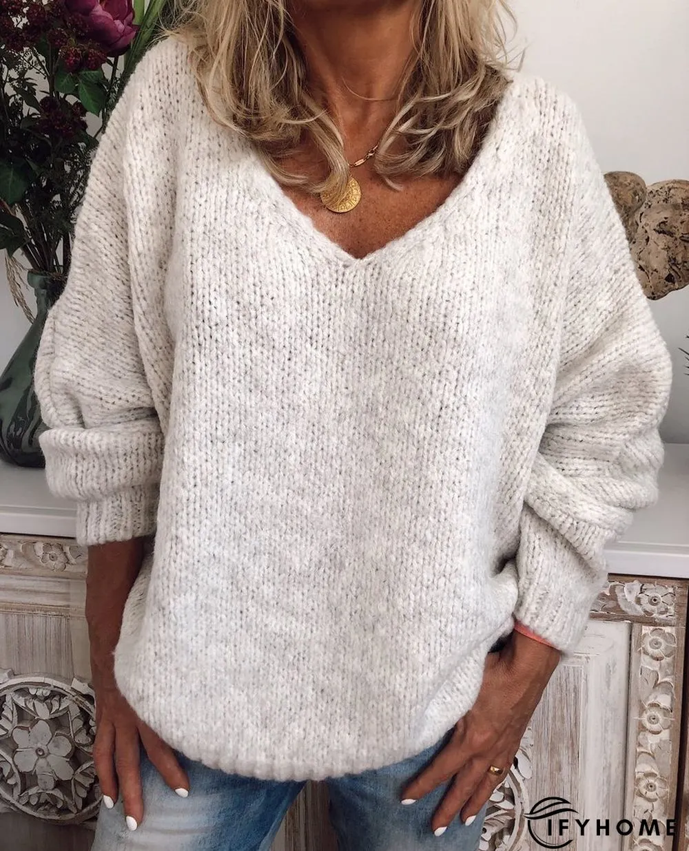 Solid Long Sleeve Sweater | IFYHOME