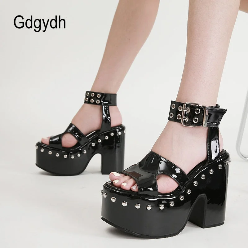 Gdgydh Great Quality Plus Size 43 Chunky High Heel Shoes Black Gothic Cool Summer Platform Sandals Women Ankle Buckle Bright