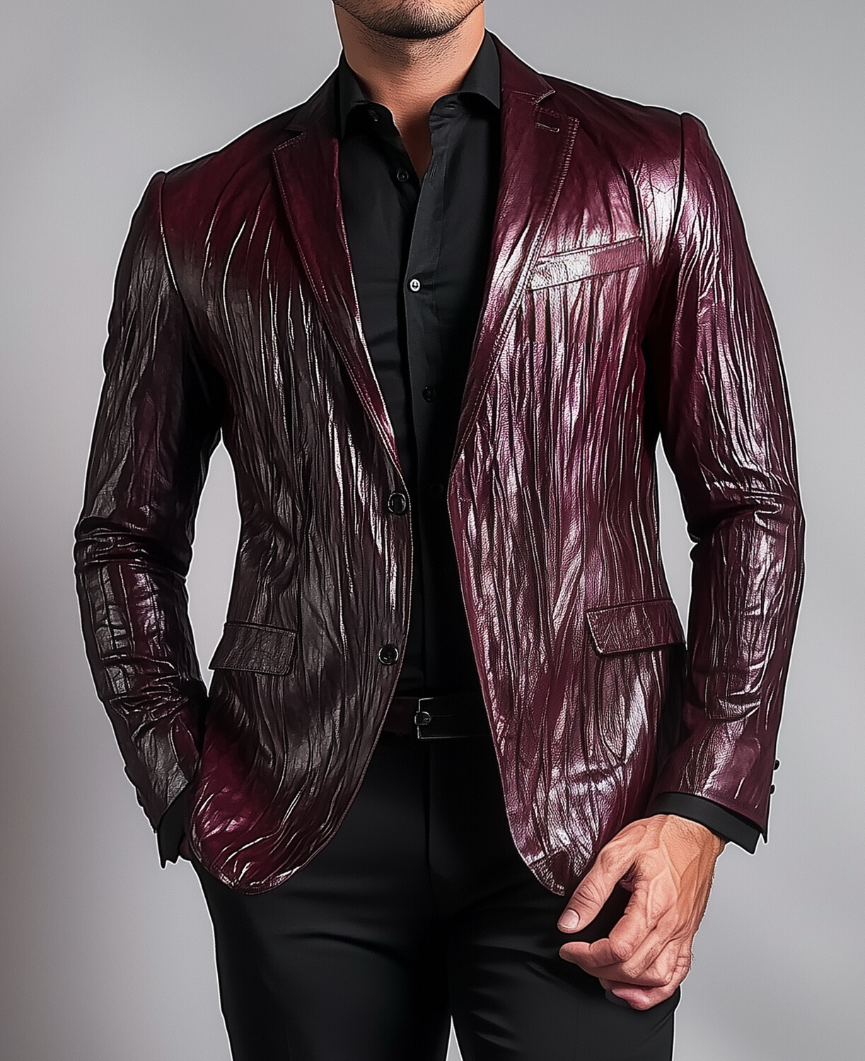 Okaywear Wrinkled PU Leather Notched Lapel Single Breasted Blazer