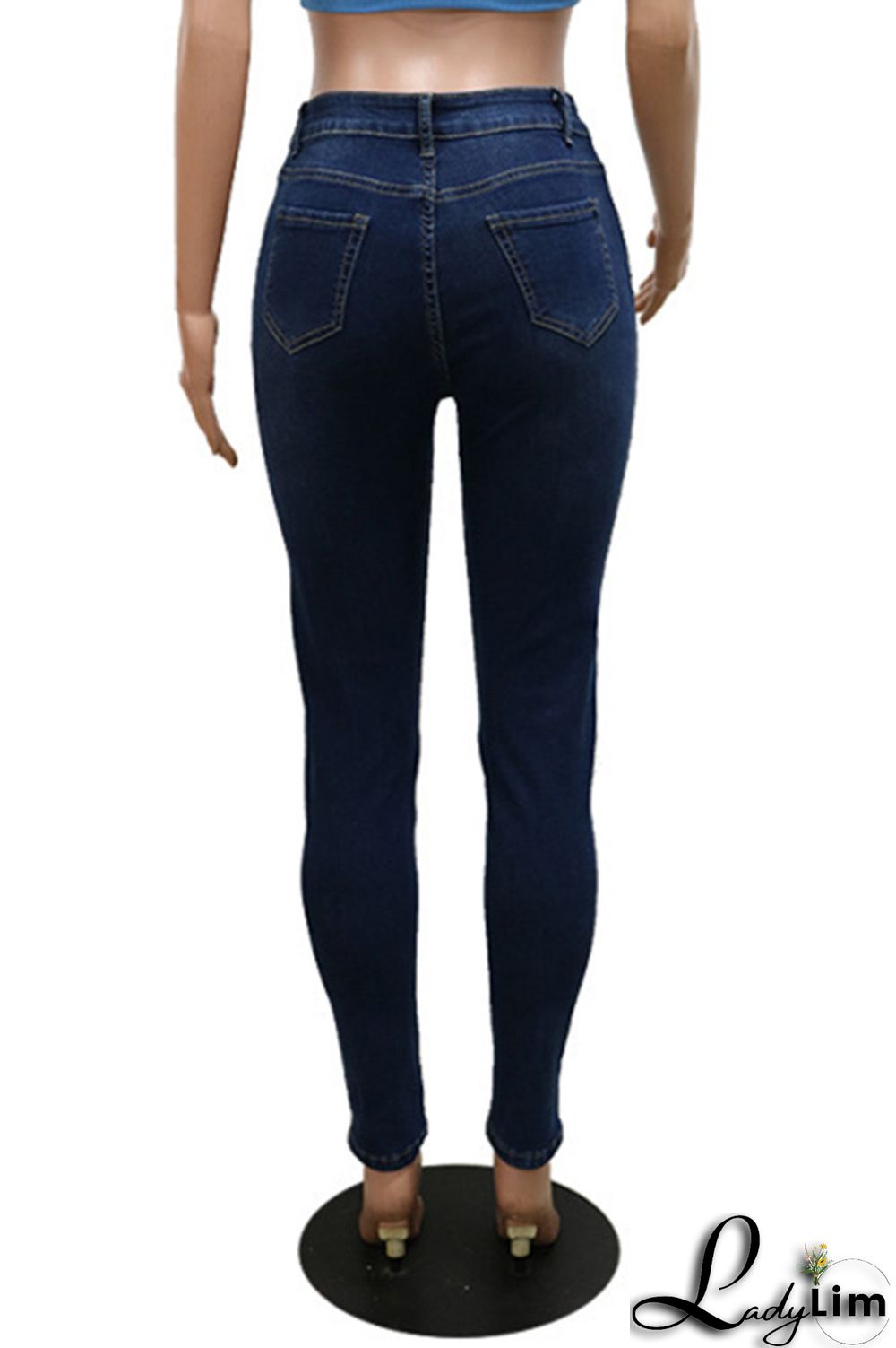 Deep Blue Fashion Casual Print Patchwork Mid Waist Skinny Denim Jeans