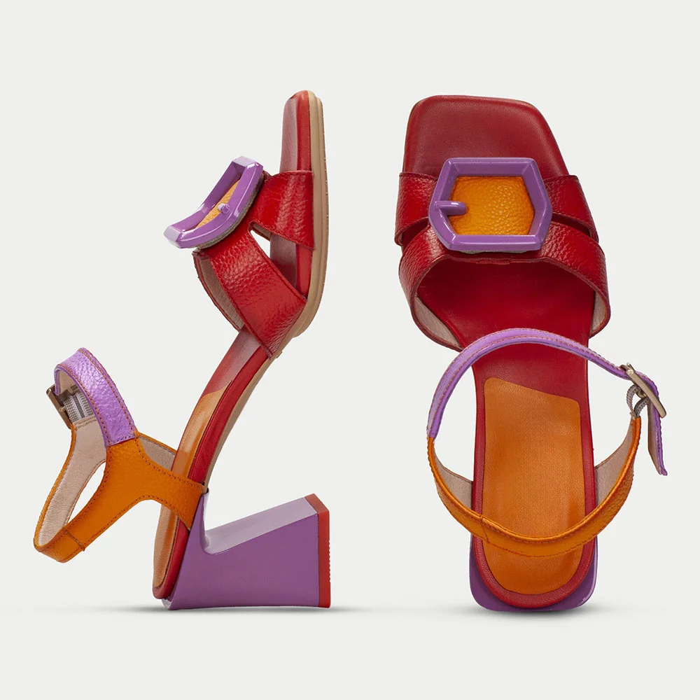 Multicolor Faux Leather Buckle Ankle Strap Women's Heel Sandals