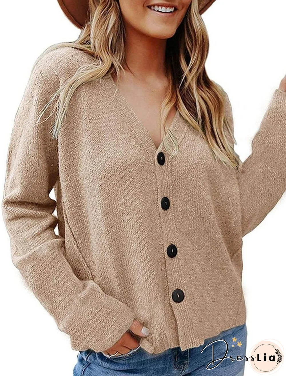 V-neck Solid Color Casual Loose Sweater Cardigan