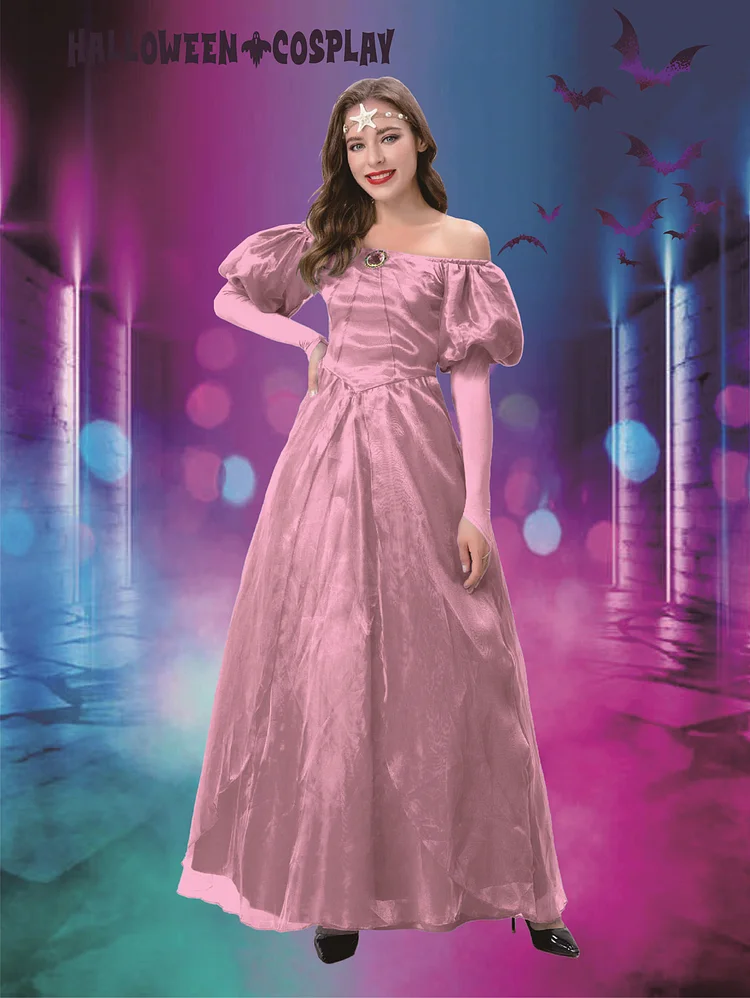 Halloween Costume Off Shoulder Puff Sleeve A-Line Pink Maxi princess Dress cosplay
