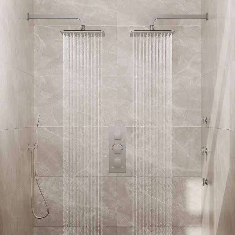 SFS-1068-NK12 Rainfall Shower System - Dual 12" Heads, 3 Body Jets, Handheld Shower, Wall-Mounted