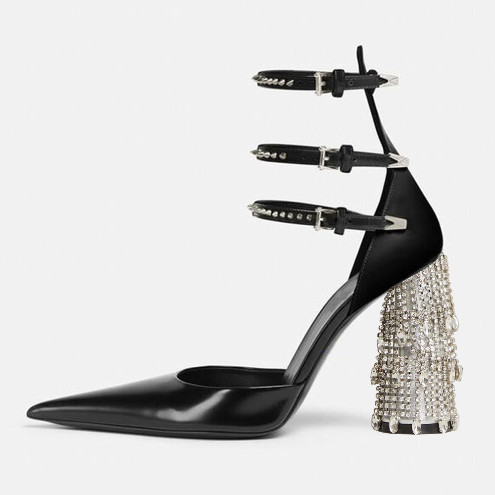 Black Closed Toe 4'' Decorative Heel Strappy Pumps with Studs Nicepairs