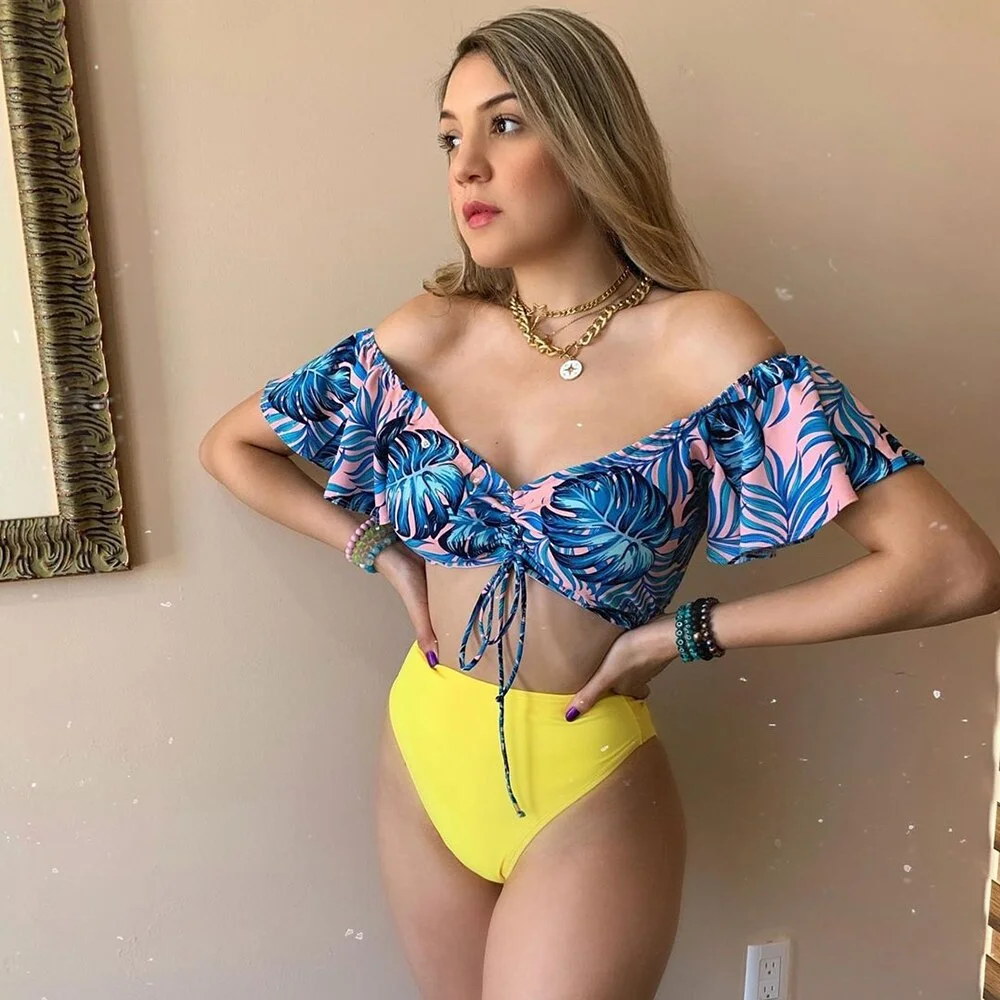 2020 New Arrival Bikini Set For Women Brazilian Biquini Bikinis Swimwear  Puff Sleeve Print Swimsuit Bathing Suit Beach Wear