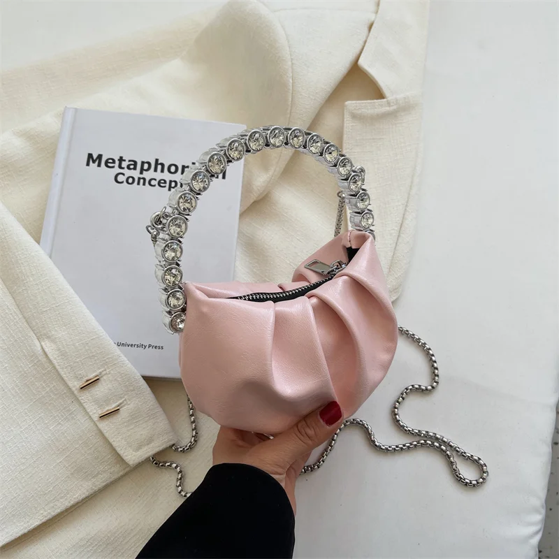 Mongw Design Mini Diamonds Handle Handbag Ladies Circular Rhinestone Crossbody Bag Evening Bag Dinner Party Wedding Clutch