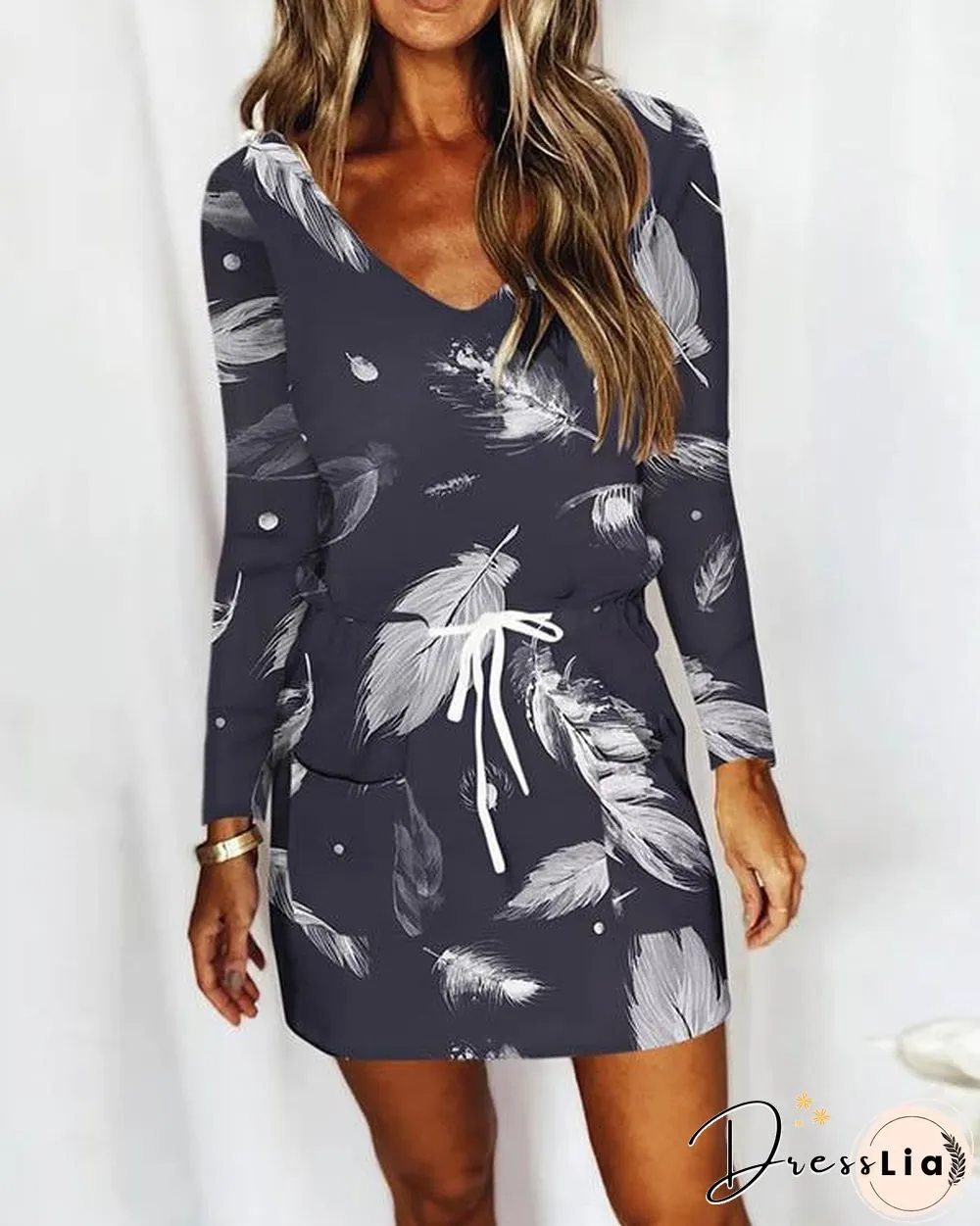 Casual V Neck Long Sleeve Print Mini Dress with Drawstring & Pockets