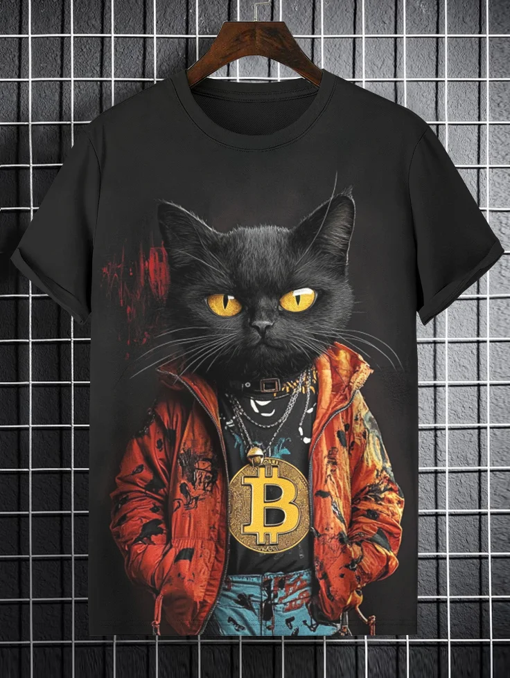 Men's Black Cat Wearing Bitcoin Necklace Print Casual T-Shirt