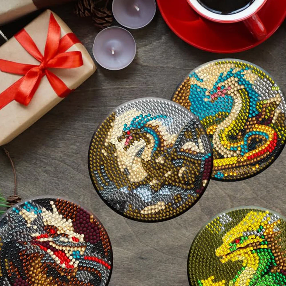 8pcs DIY Dragon Diamond Painting Wooden Coasters Kits for Adults Kids Beginner Gift Supplies