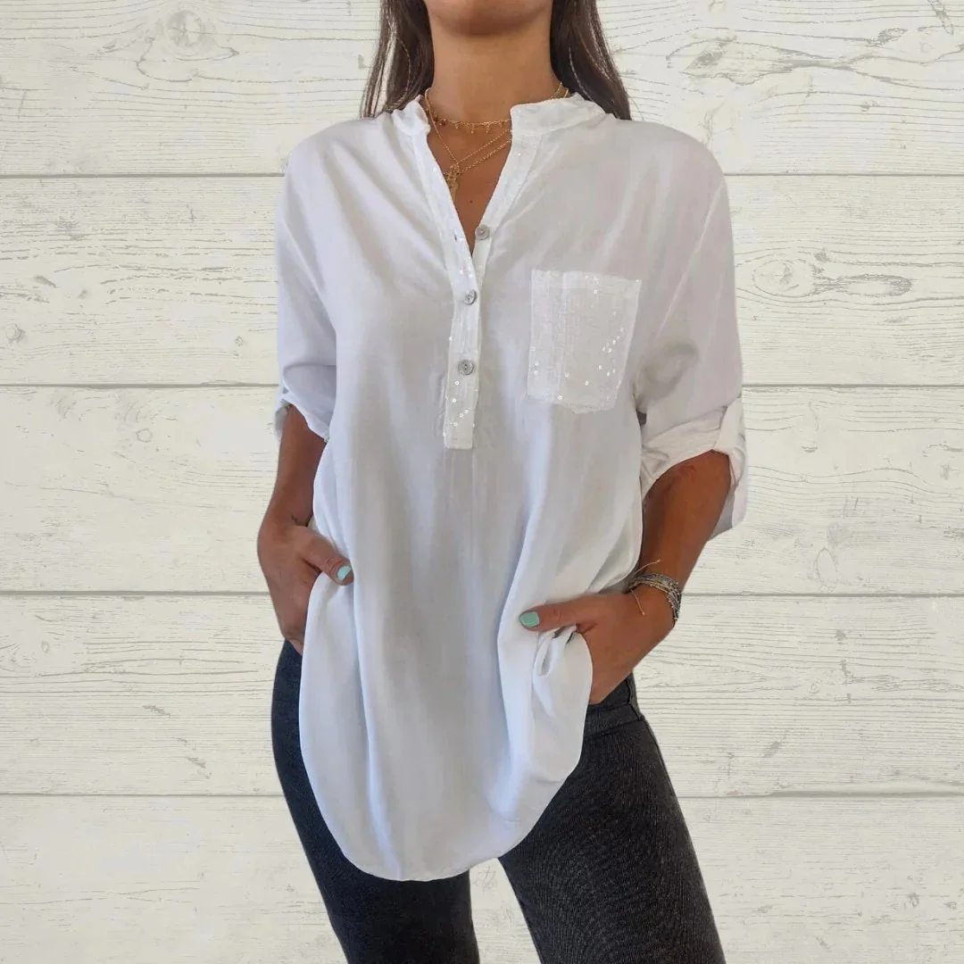 Sequin Pockets V Neck Blouse