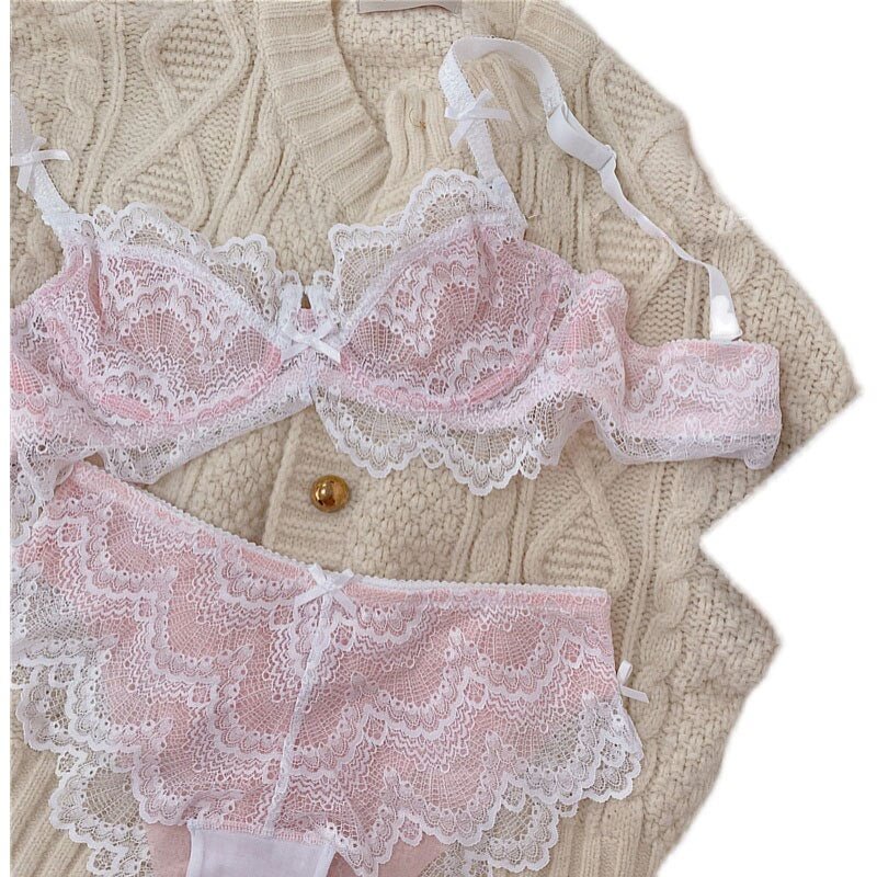 Sexy lace ultra-thin lingerie big breasted underwear female temptation large size thin bralette gather bra panty set