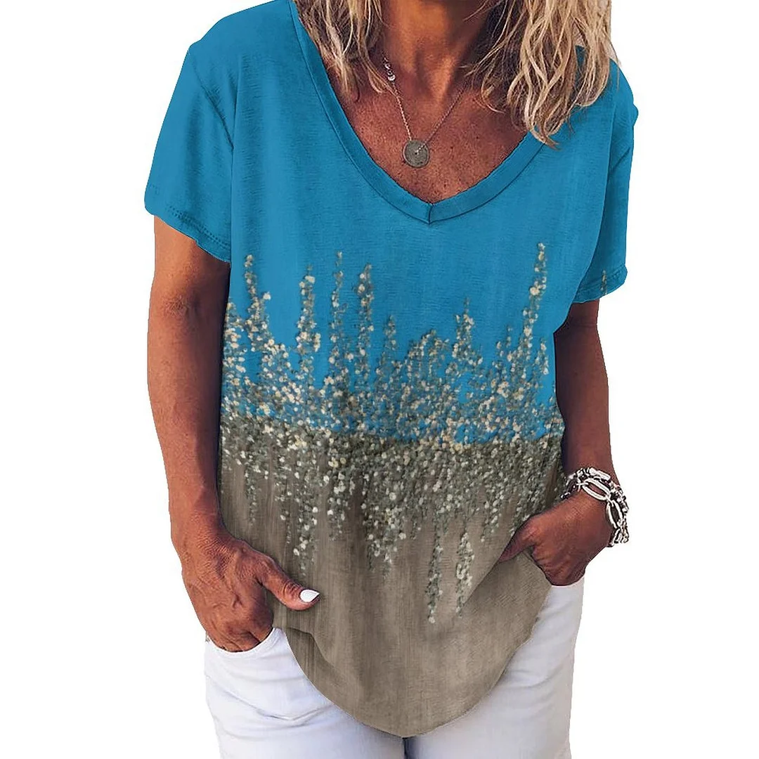 V-neck Short Sleeve Casual T-shirt for  Women Printed with Pattern Oil Painting, Blue, White