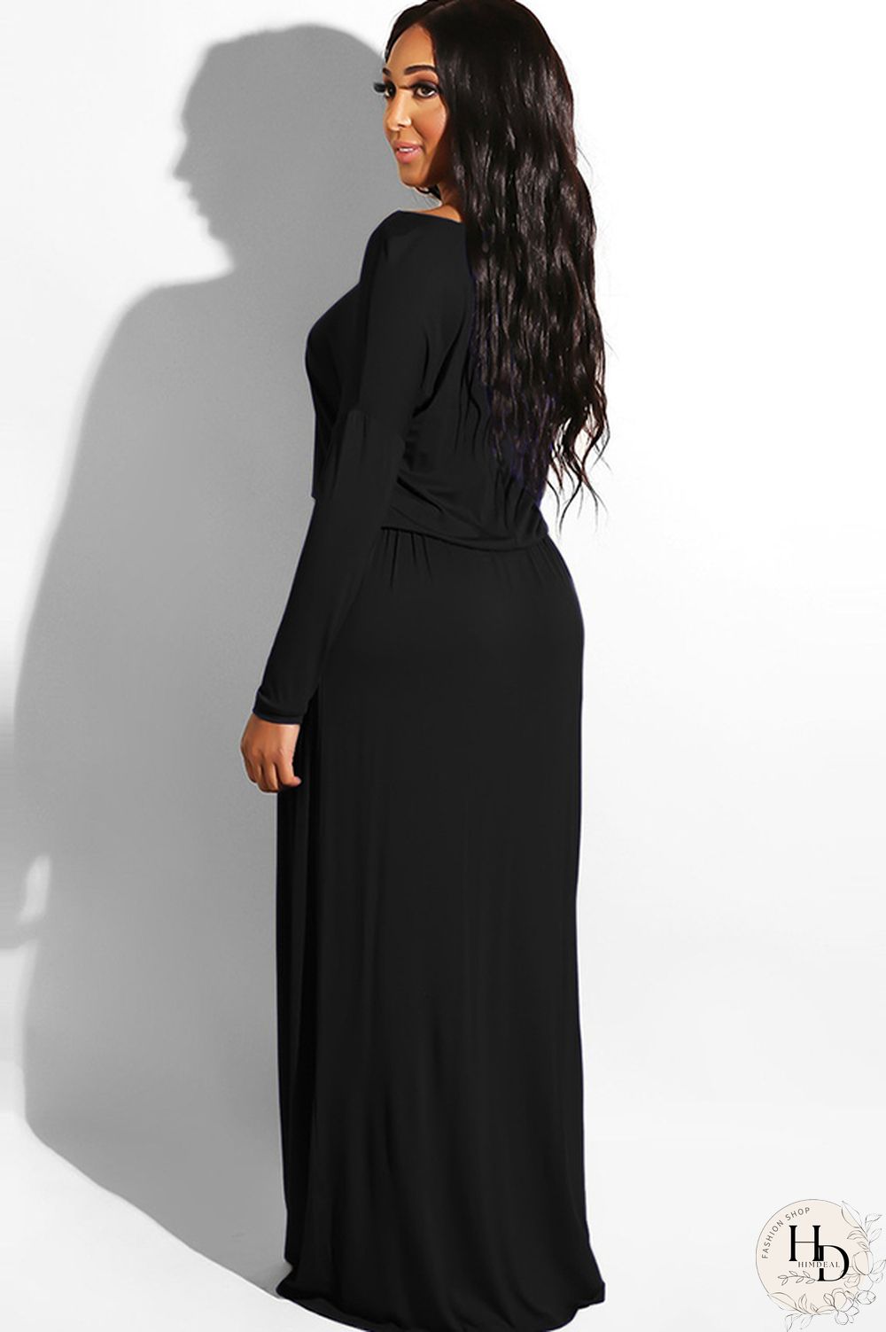 Blue Milk. Celebrities Off The Shoulder Long Sleeves One word collar Step Skirt Ankle-Length Solid